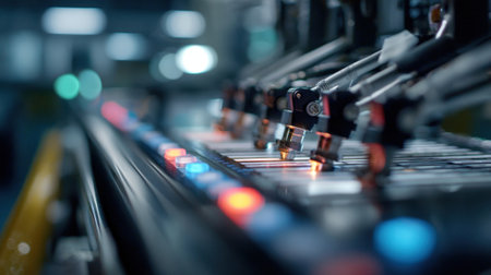 Medium shot of AIdriven signal control panel with robotic arms adjusting lights background softly blurred to emphasize precision technologyの素材