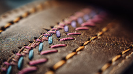 Focused medium shot of decorative stitching variations on leather bag surface featuring contrasting thread colors and patterns with the crafting environment gently blurred behind.の素材