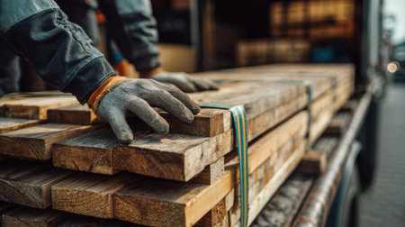 Medium shot showing hands adjusting securing straps around wooden planks loaded on a truck highlighting careful load management with the background out of focus.の素材
