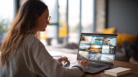 Medium shot of a young woman organizing digital photos into private albums on a sleek laptop highlighting secure and personal online photo sharing.の素材