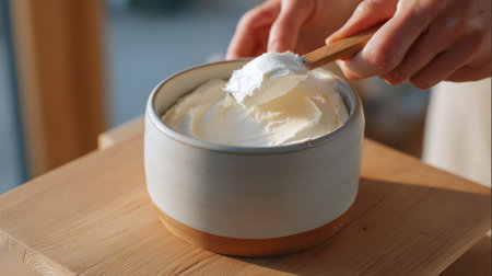 Medium shot of scooping smooth shea butter into a ceramic container emphasizing the creamy texture ideal for hydrating and repairing dry hair.の素材