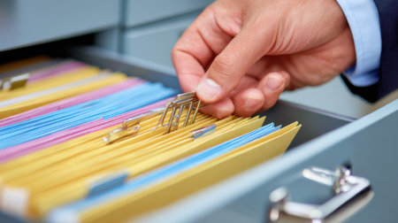 Medium shot of a professional organizing veteran documents digitally showcasing streamlined records management through cloud storage technologyの素材