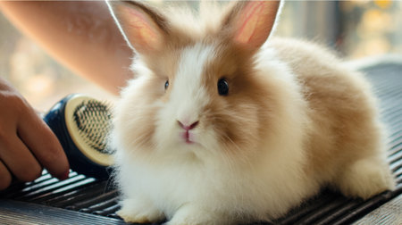 Small fluffy rabbit enjoys a gentle brushing session on a soft grooming table emphasizing attentive care and pet relaxation.の素材