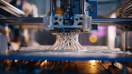 Midrange view of 3D printer assembling unique support structures capturing dynamic motion and the creation of specialized replacement parts.の素材