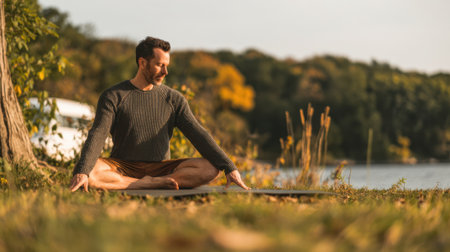 Man in comfortable attire performing yoga stretches in a serene outdoor setting promoting relaxation and mental clarity.の素材