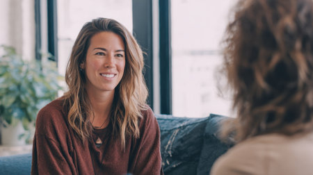 Medium shot of a wellness coach discussing personalized holistic health plans with a client in a bright modern studio setting.の素材