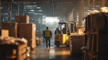 Medium shot in a linen sorting warehouse during late hours featuring workers using machinery to streamline the organization and maintenance process.の素材