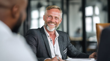 Senior executive receiving focused oneonone coaching in a modern office to enhance leadership and decisionmaking skills for career growth.の素材