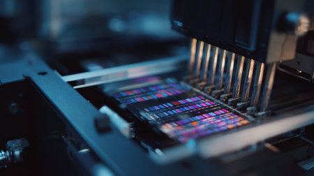 Medium shot focusing on automated feed scanner processing multiple film strips to create highdetail digital images.の素材