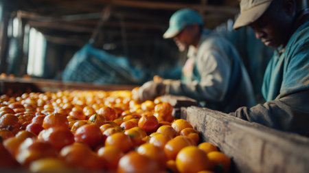 Medium shot capturing manual orange sorting in a rustic facility highlighting workers selecting and organizing fruit by size with precision.の素材