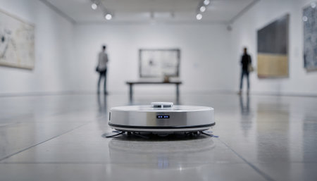 Quiet focused medium shot of a small robotic cleaner maintaining spotless floors in a modern gallery robot edges sharp with blurred visitors benches and art pieces in softの素材