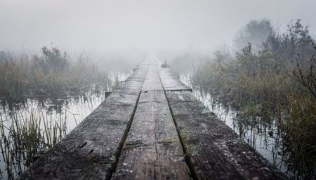 Fog envelops a wooden boardwalk cutting through dense wetlands main planks in crisp detail with ghostly blurred marsh vegetation shrouded in mist.の素材