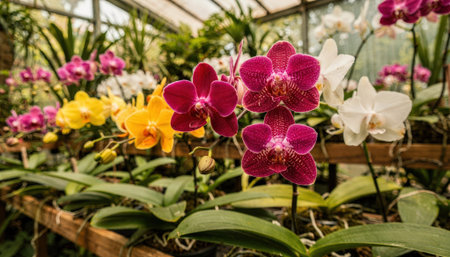 Closeup medium view of rare tropical orchid species arranged densely on multilevel benches foreground blooms sharp background foliage artfully blurred.の素材
