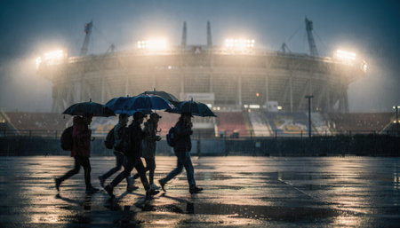 Evening shot with stadium lights glowing and soft rain mist focused on a small group hurrying under slick umbrellas showcasing atmospheric event buildup.の素材