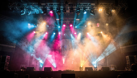 Medium shot of concert stage lighting rig featuring overhead trusses and vibrant spotlights piercing through fog during a dynamic rock concert soundcheck.の素材