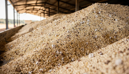 Medium shot of large cottonseed heaps inside covered storage conveyor belt in clear view and surrounding environment gently out of focus emphasizing bulk storage.の素材
