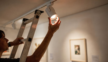 Closeup of a person adjusting track lighting on a ladder highlighting artwork while the museum environment remains softly blurred.の素材