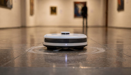Close medium view of a silent autonomous floorcleaning robot operating under warm gallery lighting before public hours robot clear and floor tiles around softly out of focus.の素材