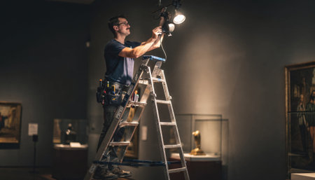 Focused worker directing exhibit lighting from an elevated ladder with dim gallery surroundings softly out of focus.の素材
