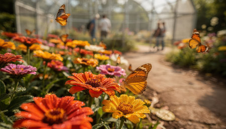 Macro flowers blooming vividly along a butterfly house path with local species fluttering nearby and visitors faintly visible behind a gently blurred mesh backdrop.の素材