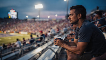 Twilight scene from bleachers highlighting a focused spectator with distant stadium lights and crowd out of focus.の素材
