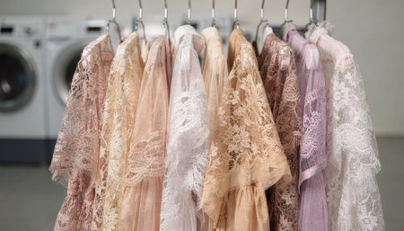 Stack of delicate lace and silk garments hanging by washers the shot emphasizing their fine craftsmanship with washing machines faded into the background.の素材