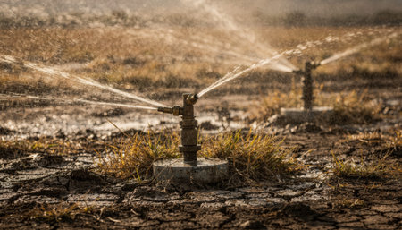 Closeup medium frame of irrigation sprinklers in drought conditions highlighting dry patches and mist from the watering system against a blurred parched backdrop.の素材