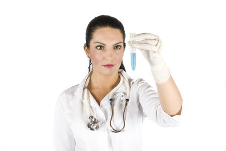 Chemist checking the test-tube on white background