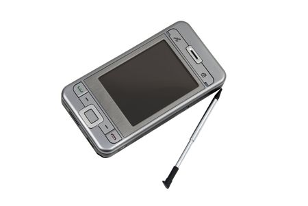 Modern PDA with cell phone included and stylus isolated on white backgroundの写真素材