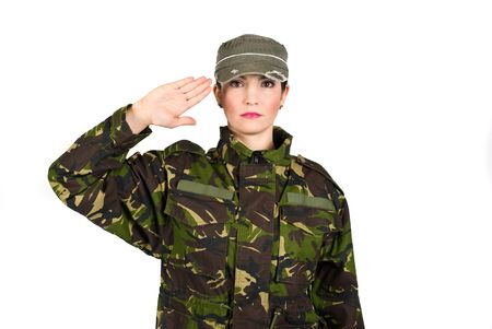 Woman army soldier saluting isolated on white backgroundの写真素材