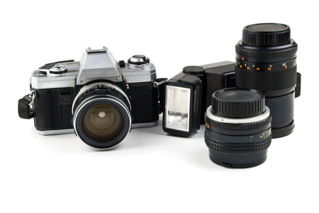 Set of old camera with two lenses and a flash camera isolated on white background