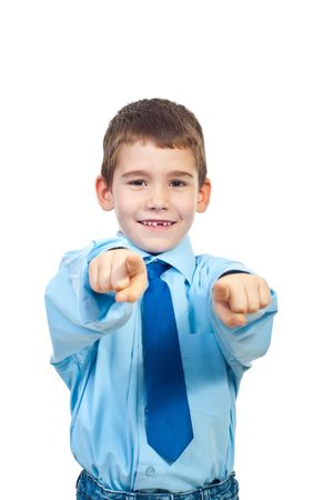 You are the chosen one.Boy with attitude pointing and making selection isolated on white backgroundの写真素材