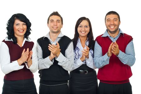 Four business people team standing in a row and applauding and smiling isolated on white backgroundの写真素材