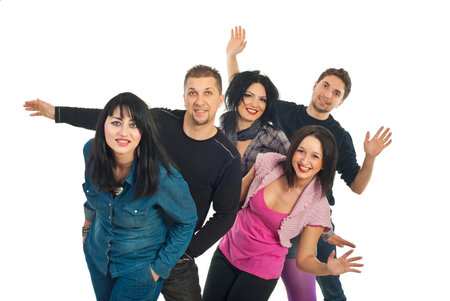 Happy people friends showing their palms isolated on white background