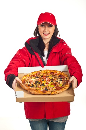 Deivery woman delivering extra large hot pizza isolated on white backgroundの写真素材