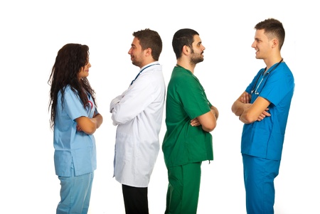 Happy groups of doctors having conversation isolated on white backgroundの写真素材