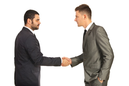 Two business men giving handshake isolated on white backgroundの写真素材