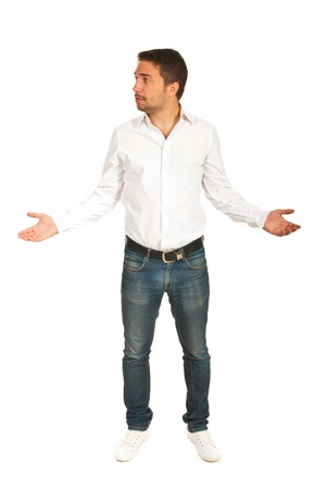 Misunderstood executive man looking away and asking isolated on white backgroundの写真素材
