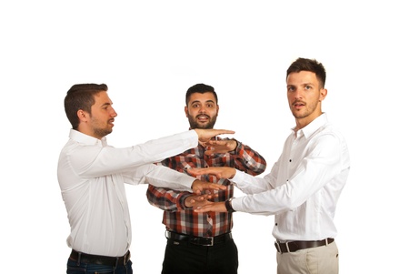 Successful united business men open their hands isolated on white backgroundの写真素材