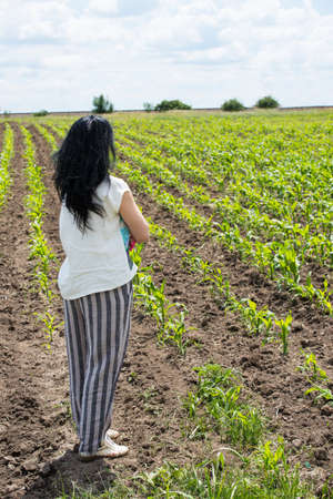 Back of farmer woman looking to cornfield  and thinkingの写真素材