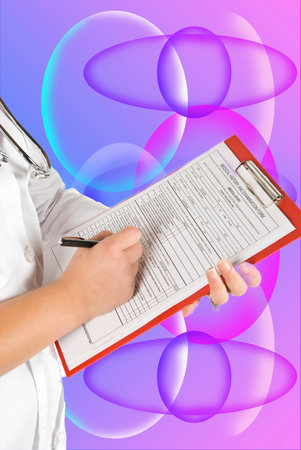 Close-up of doctor with clipboard on white backgroundの写真素材
