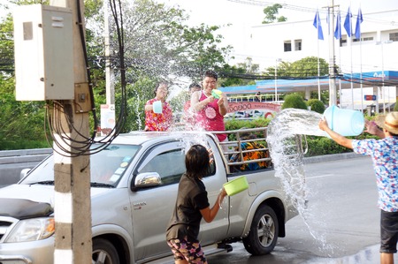 CHIANGMAI THAILAND  APRIL 14 2011:Unidentified tourist with pickup car in a water fight festival or Songkran Festival Thai New Year on April 14 2011 in Chiangmai Thailand.のeditorial素材