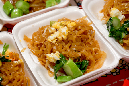 Pad Thai noodles, Thai food served in Styrofoam of food containerの写真素材