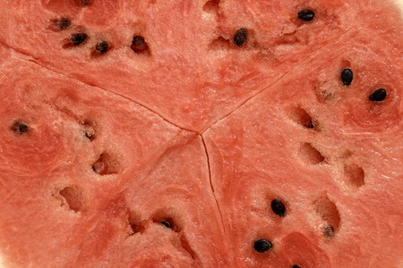 close up inside of watermelon, red surface with black seeds have copy space for put textの写真素材