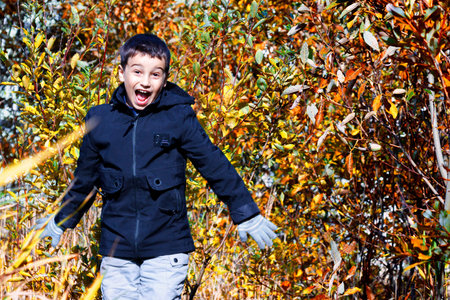 Childrens fashion. autumn childrens clothing. a boy in a black jacket on a yellow background....