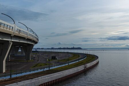 RUSSIA, ST PETERSBURG - AUGUST, 2018: high-speed road, view of Vasilievsky island, cruise ships in the portのeditorial素材