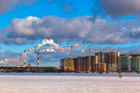 multi-storey residential buildings in the big city. Winter cityscape, St. Petersburg Murino district, villageの写真素材