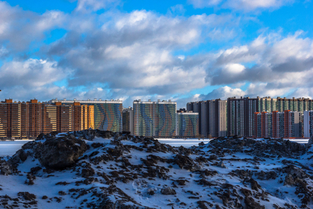multi-storey residential buildings in the big city. Winter cityscape, St. Petersburg Murino district, villageの写真素材