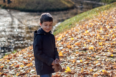 portrait happy child in the Park collects autumn leaves by the riverの写真素材