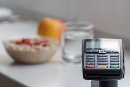 payment terminal by credit card, Breakfast payment.